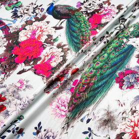 Peacock Printed White Stretch Silk Satin