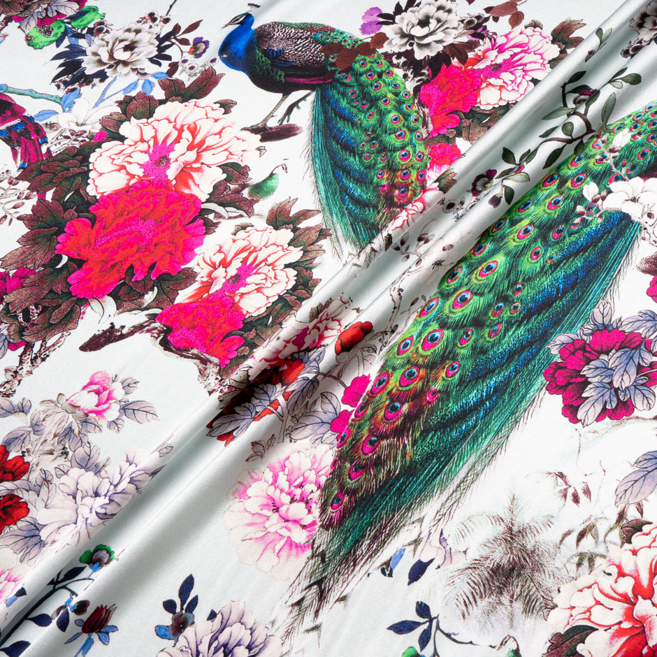 Peacock Printed White Stretch Silk Satin