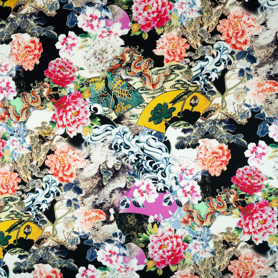 Oriental Printed Black Stretch Silk Satin