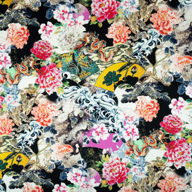 Oriental Printed Black Stretch Silk Satin