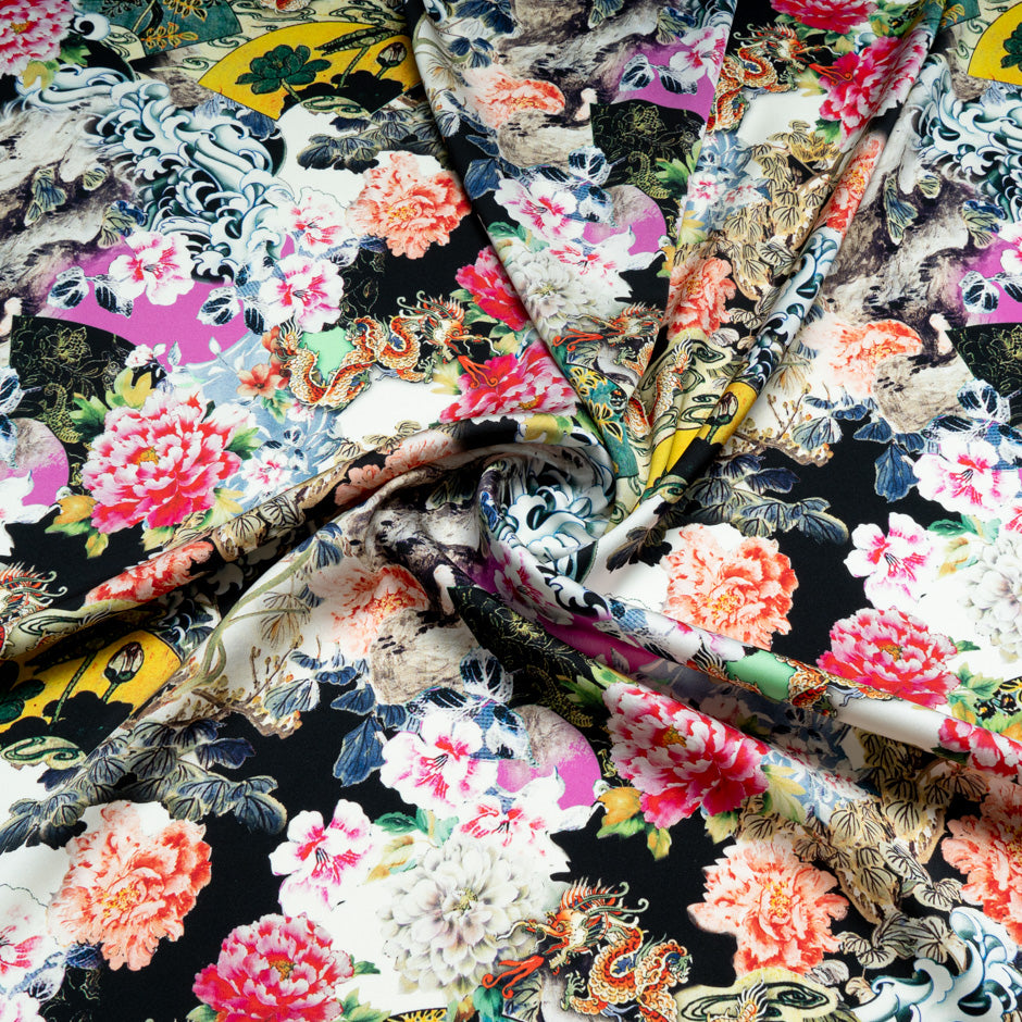 Oriental Printed Black Stretch Silk Satin