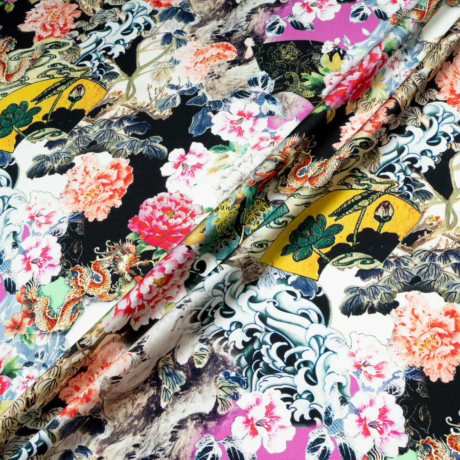 Oriental Printed Black Stretch Silk Satin