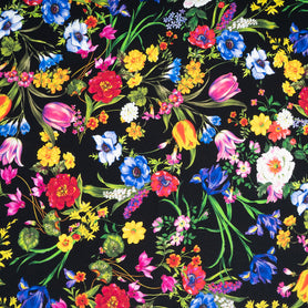 Multi Floral Printed Black Stretch Silk Satin