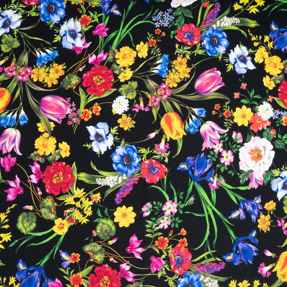 Multi Floral Printed Black Stretch Silk Satin