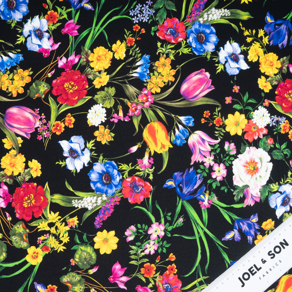 Multi Floral Printed Black Stretch Silk Satin