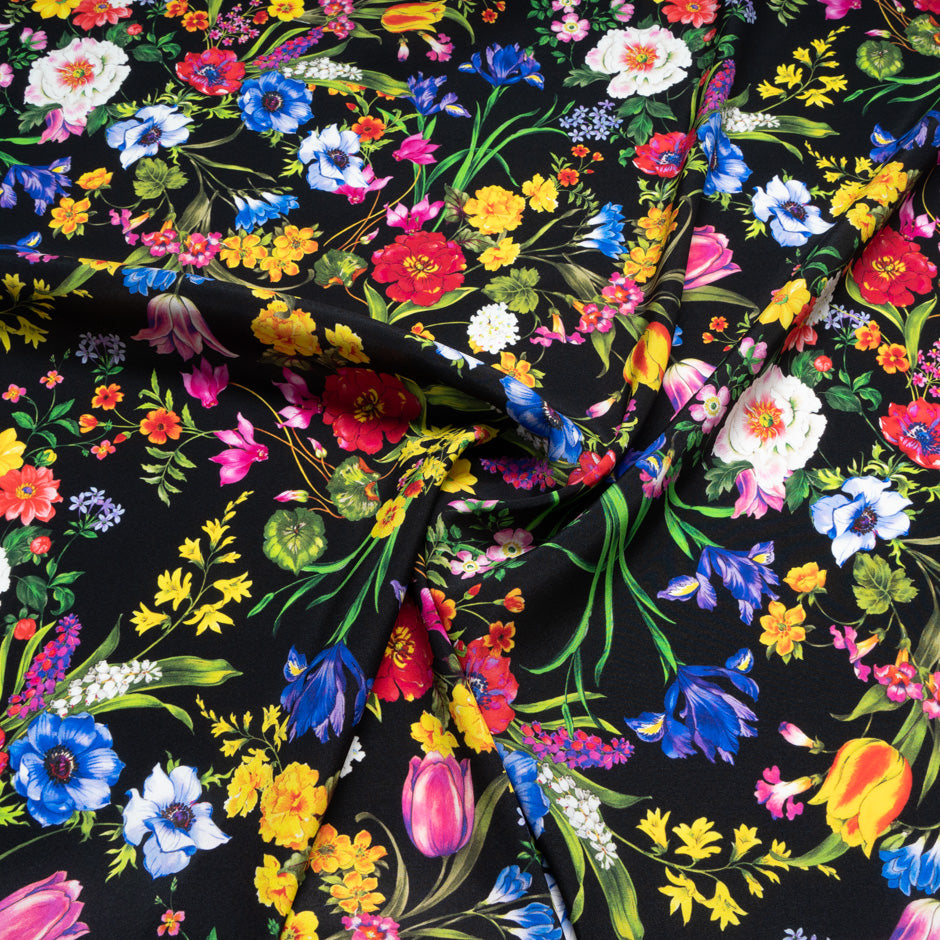 Multi Floral Printed Black Stretch Silk Satin