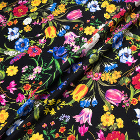 Multi Floral Printed Black Stretch Silk Satin