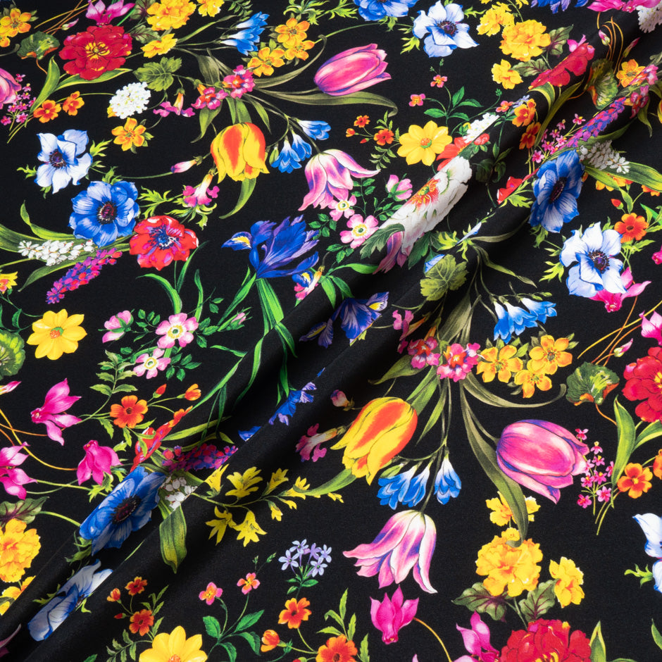 Multi Floral Printed Black Stretch Silk Satin