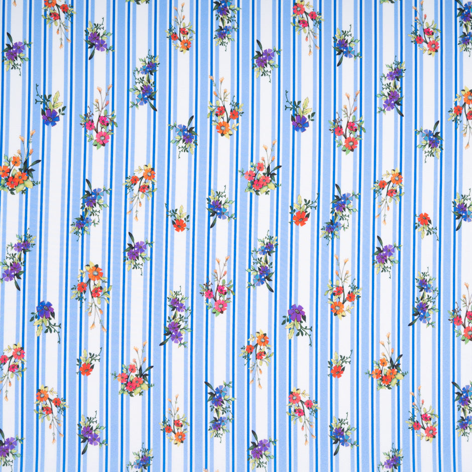 Sky Blue Striped Floral Printed Stretch Silk