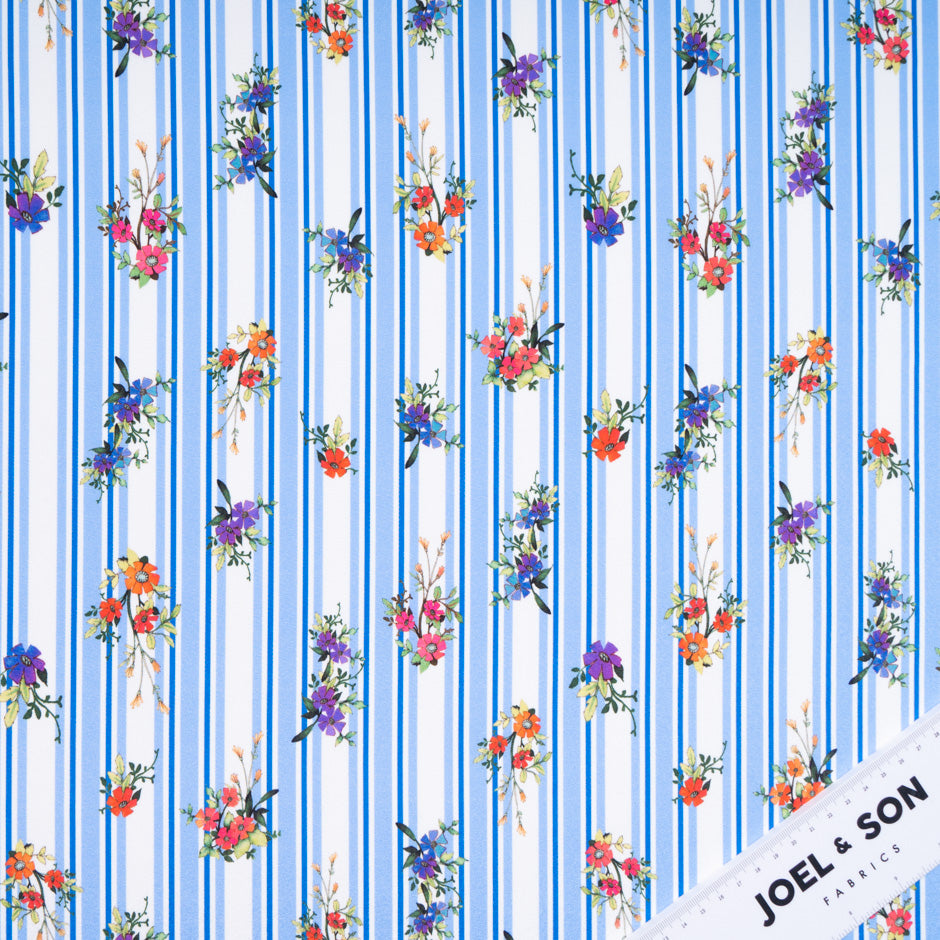 Sky Blue Striped Floral Printed Stretch Silk