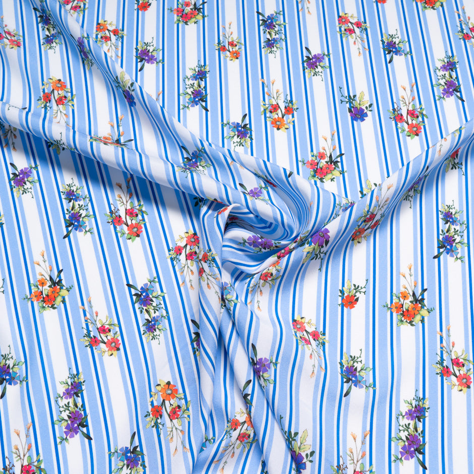 Sky Blue Striped Floral Printed Stretch Silk