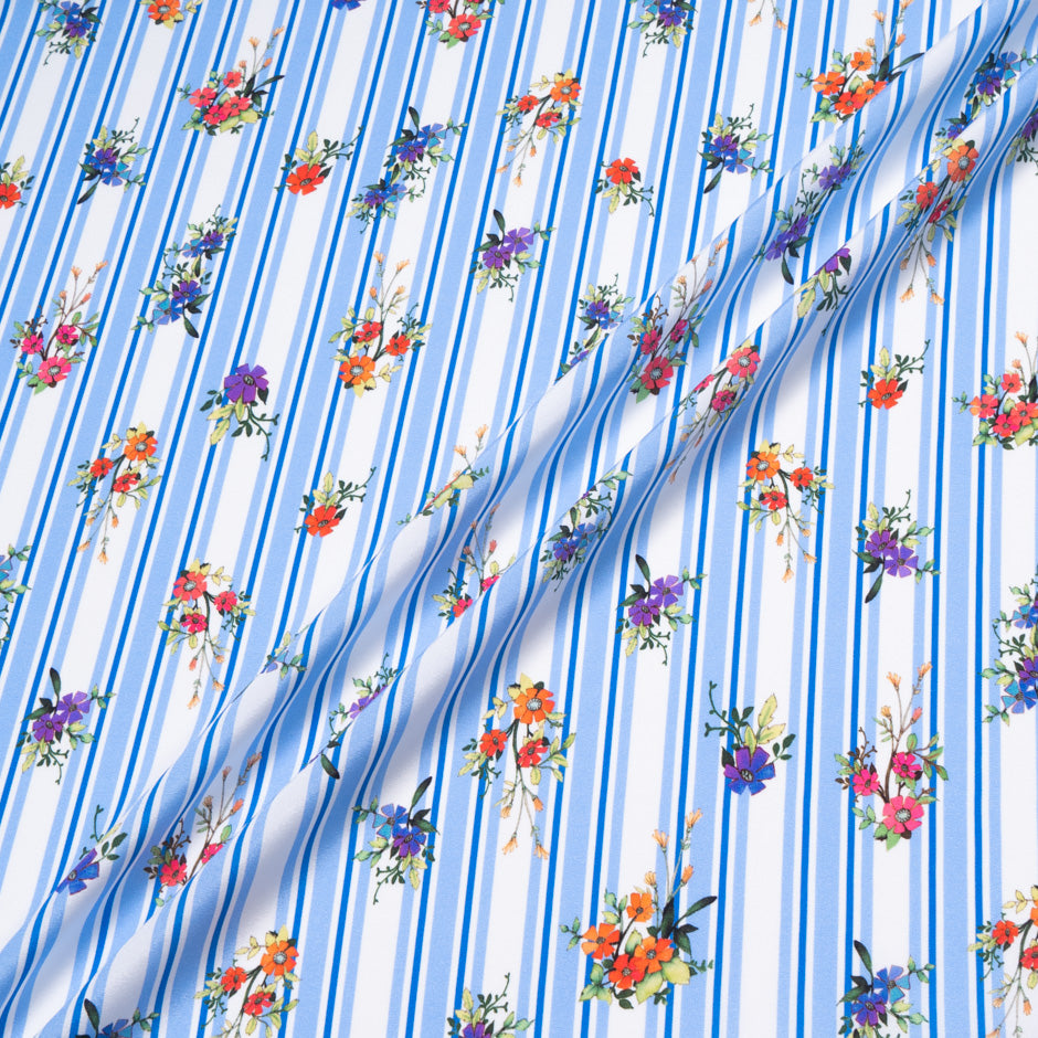 Sky Blue Striped Floral Printed Stretch Silk