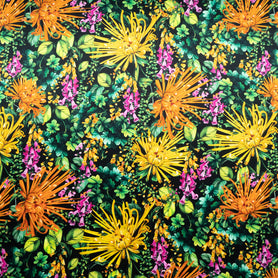 'Spray' Floral Printed Black Pure Silk Satin
