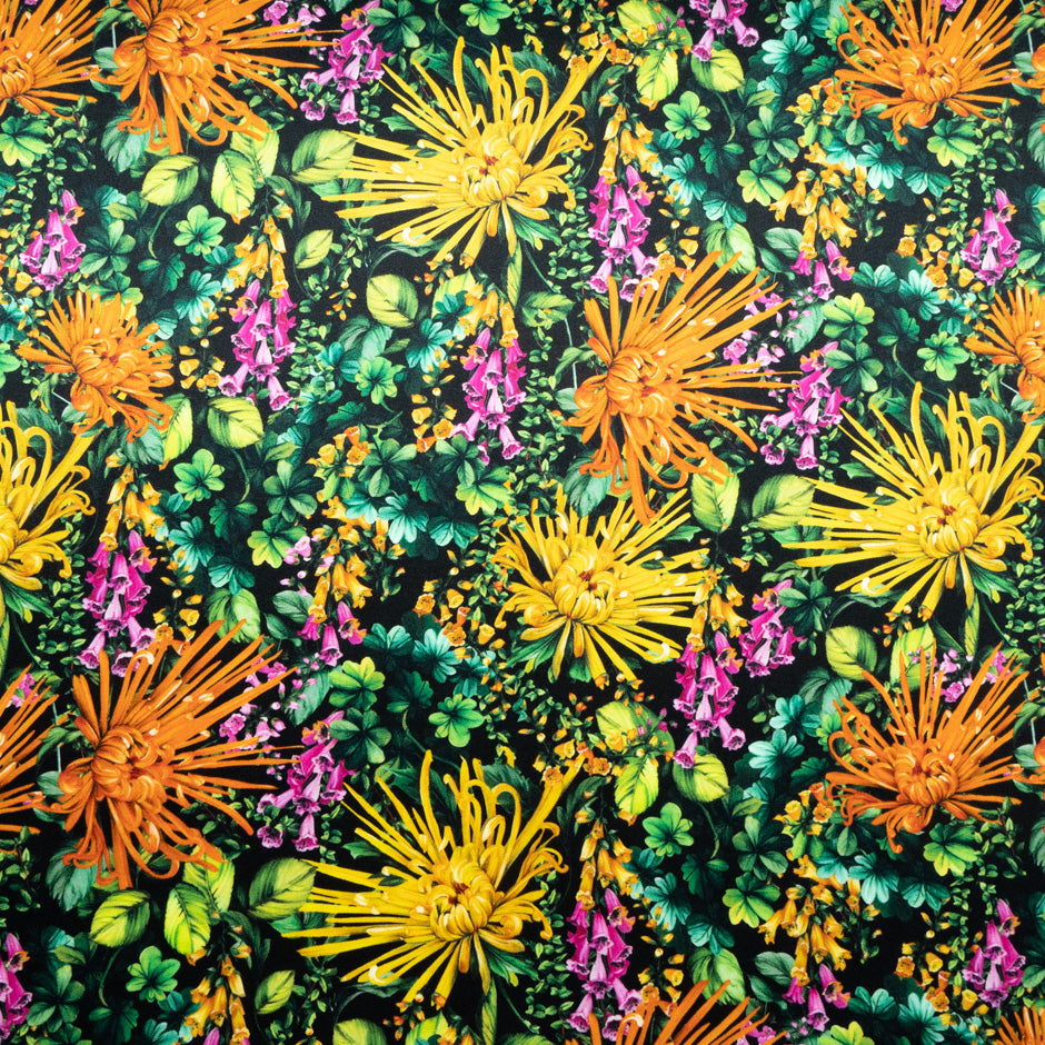 'Spray' Floral Printed Black Pure Silk Satin