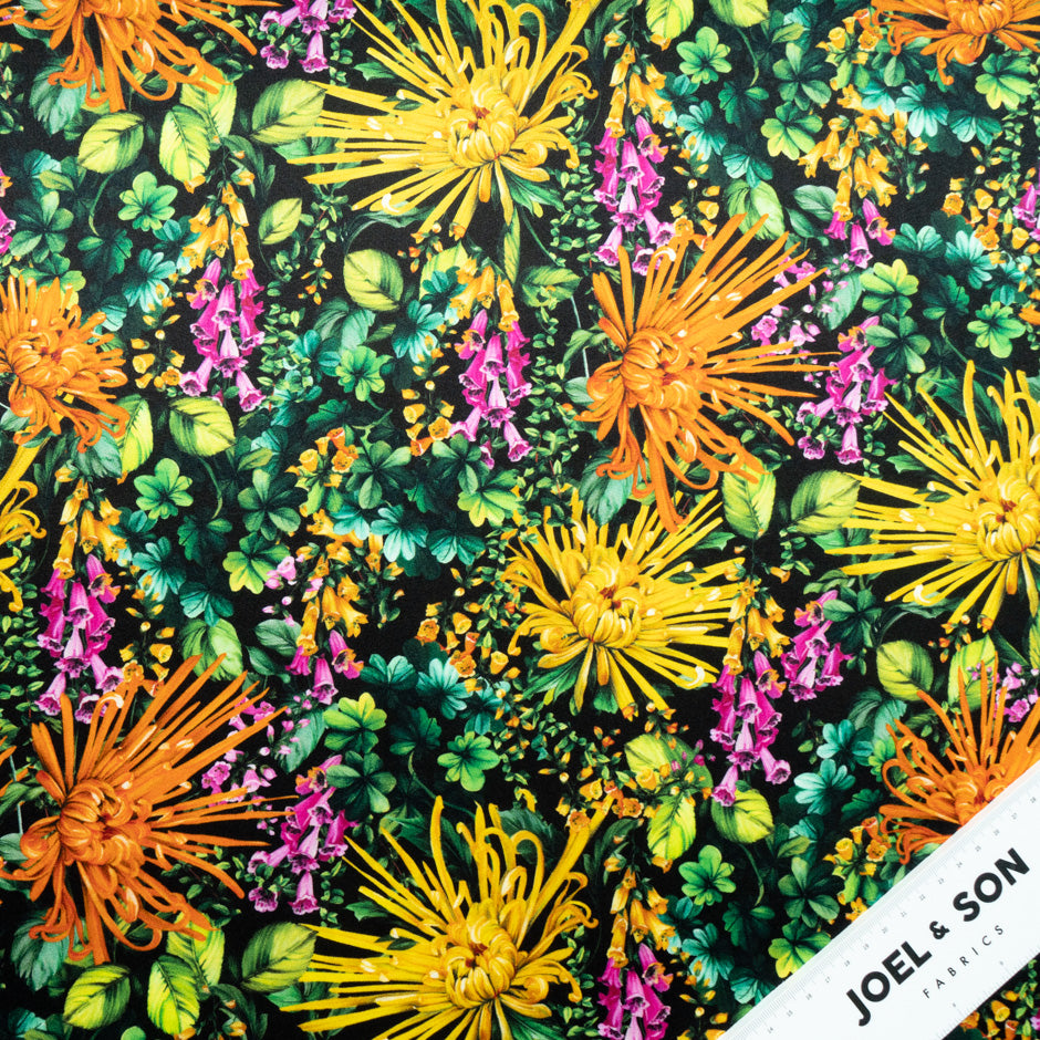 'Spray' Floral Printed Black Pure Silk Satin
