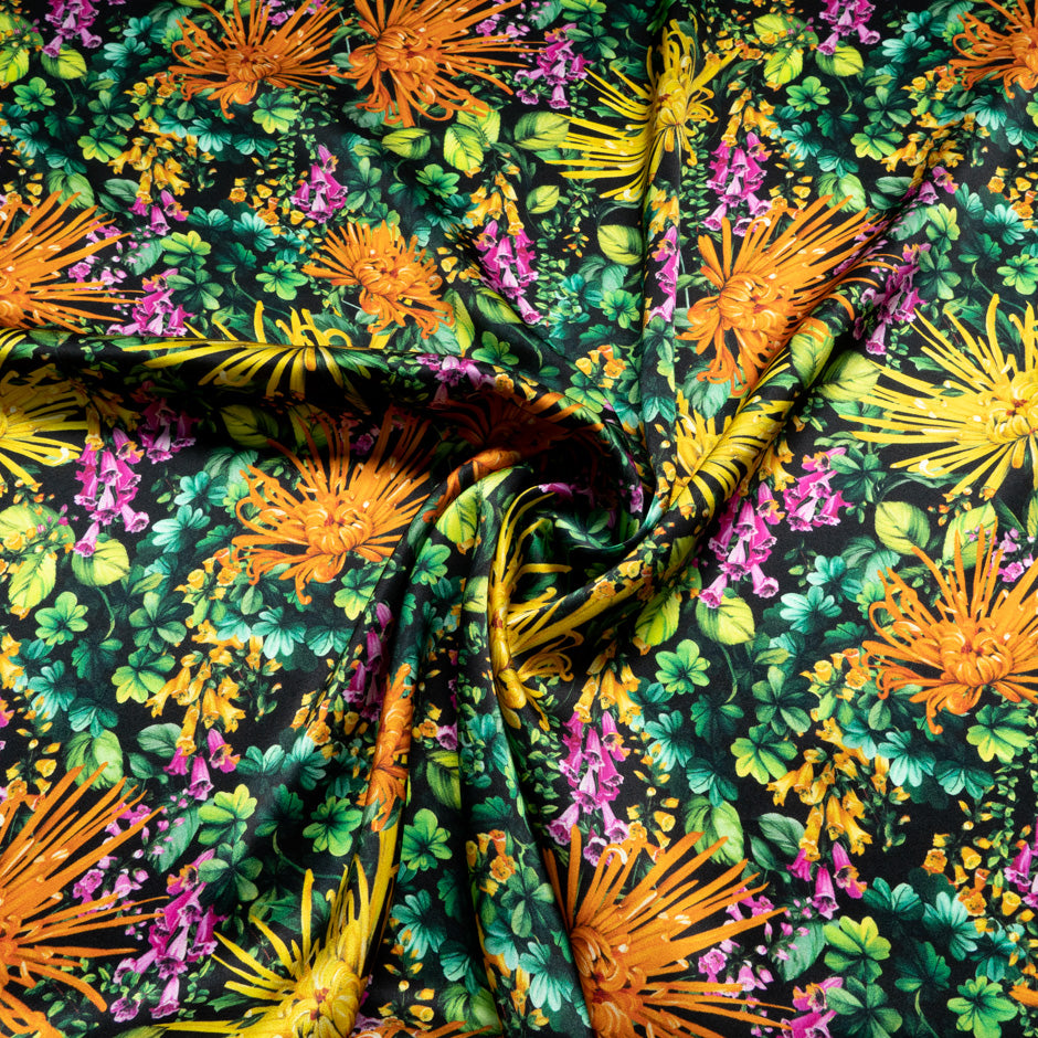 'Spray' Floral Printed Black Pure Silk Satin