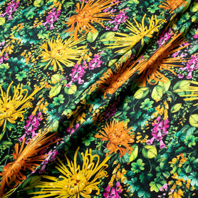 'Spray' Floral Printed Black Pure Silk Satin