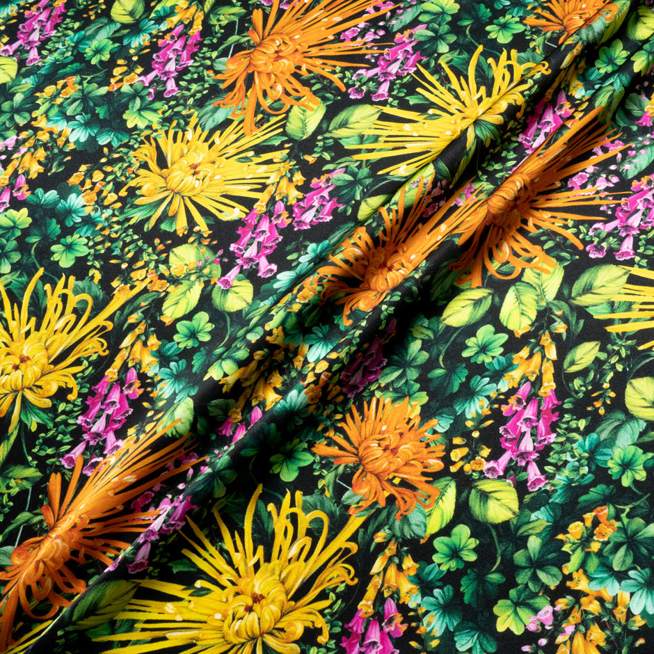 'Spray' Floral Printed Black Pure Silk Satin
