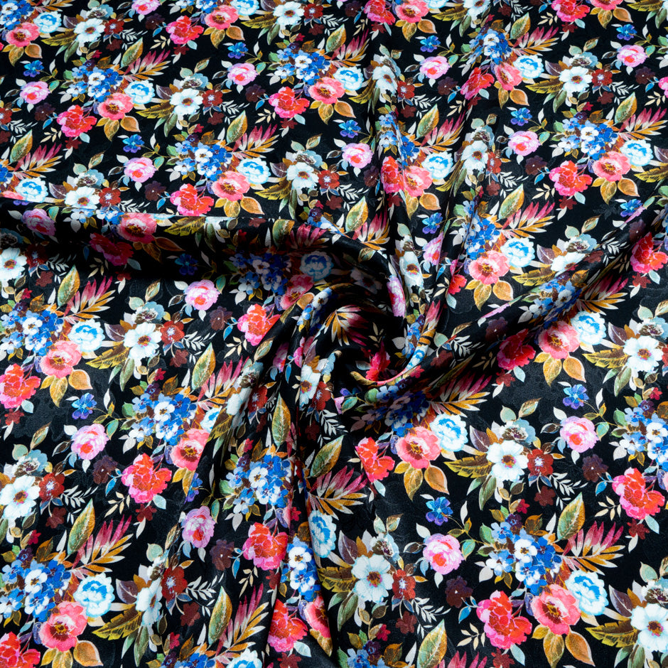 Busy Multi-Coloured Floral Printed Silk Satin