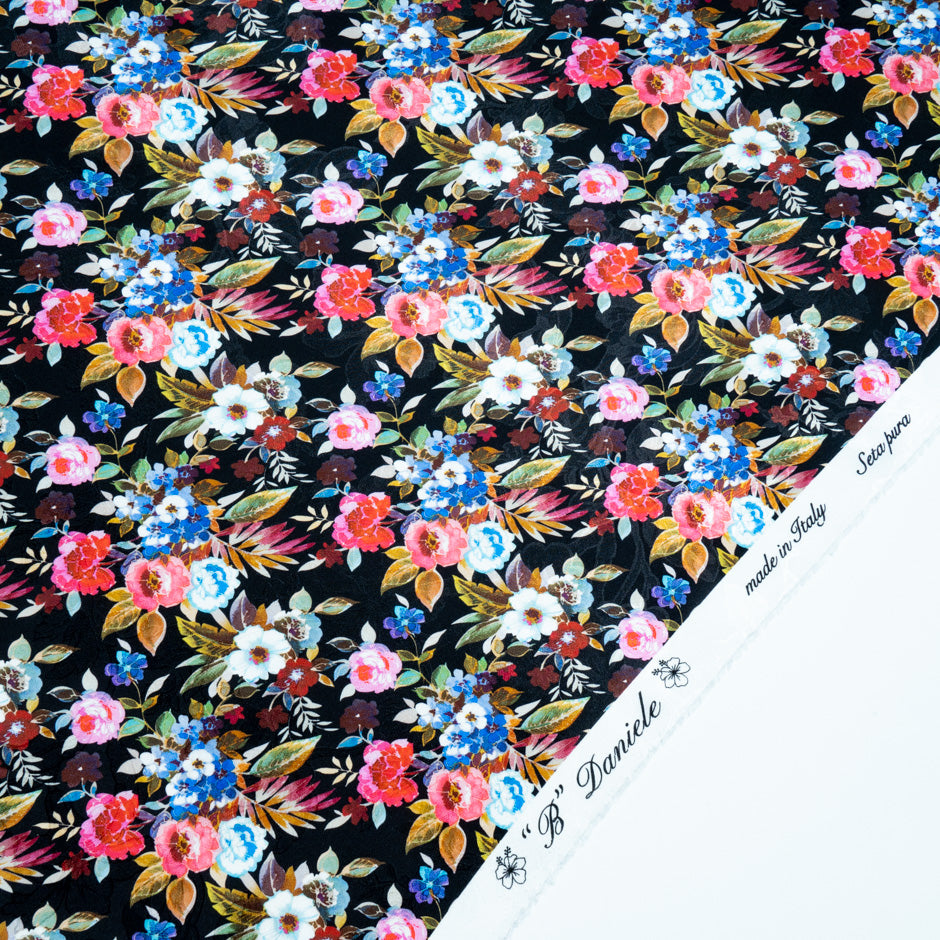 Busy Multi-Coloured Floral Printed Silk Satin