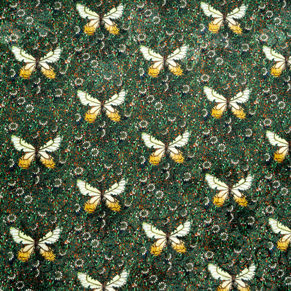 Yellow Butterfly Printed Green Silk Jacquard