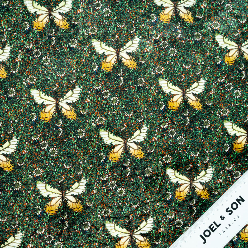 Yellow Butterfly Printed Green Silk Jacquard