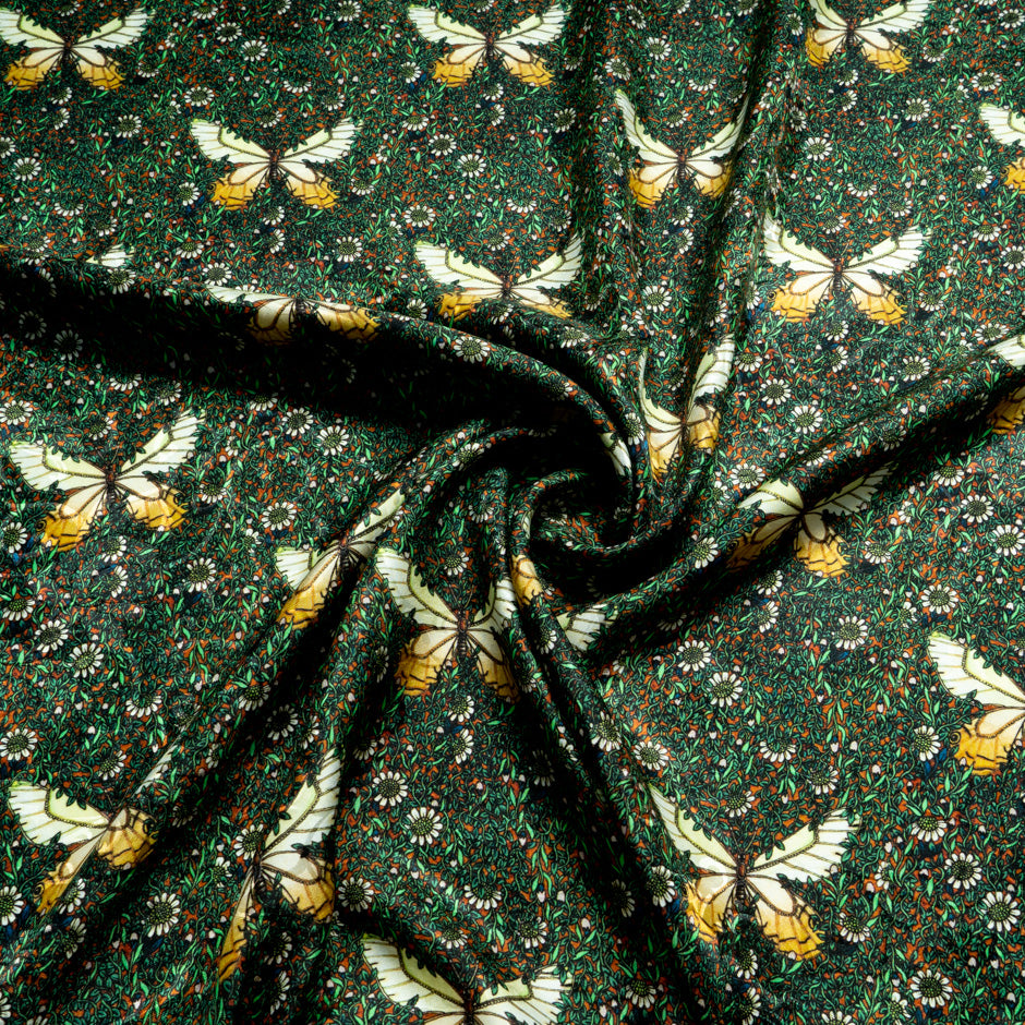 Yellow Butterfly Printed Green Silk Jacquard