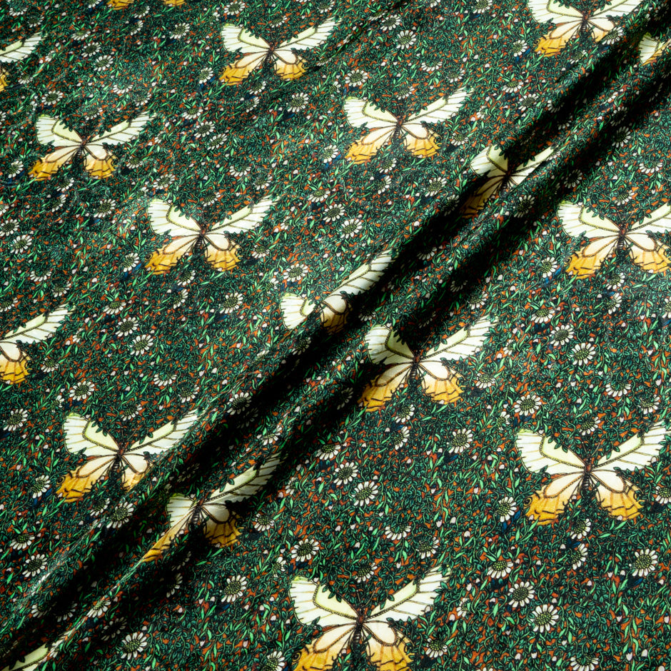 Yellow Butterfly Printed Green Silk Jacquard