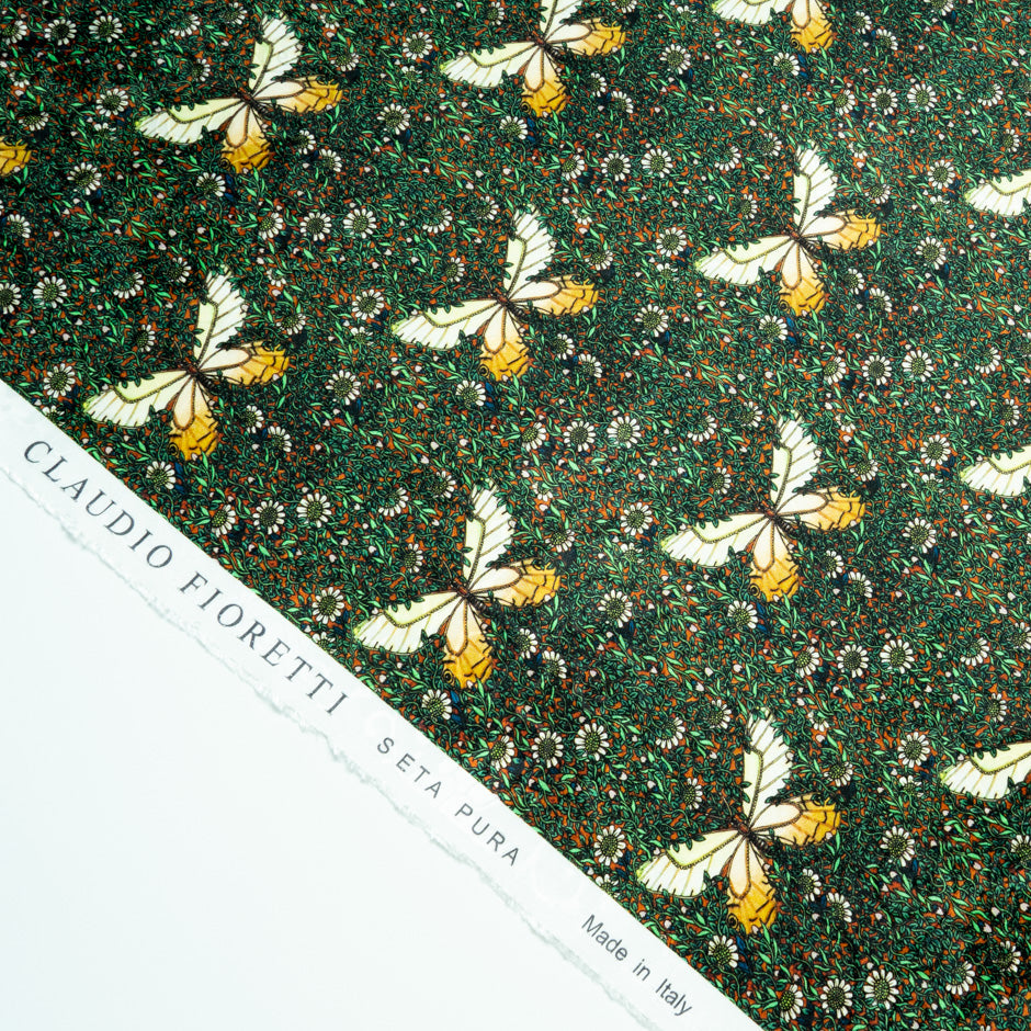 Yellow Butterfly Printed Green Silk Jacquard
