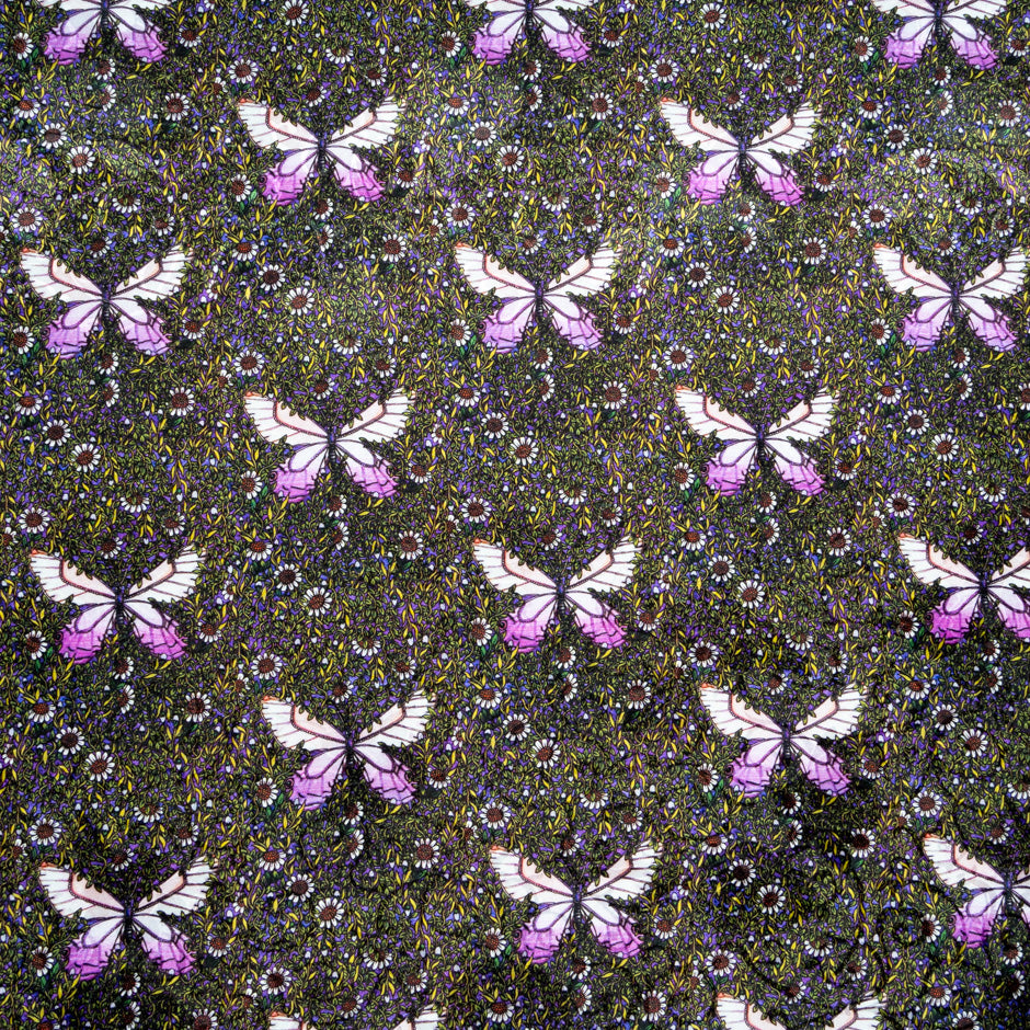 Pink Butterfly Printed Purple Silk Jacquard