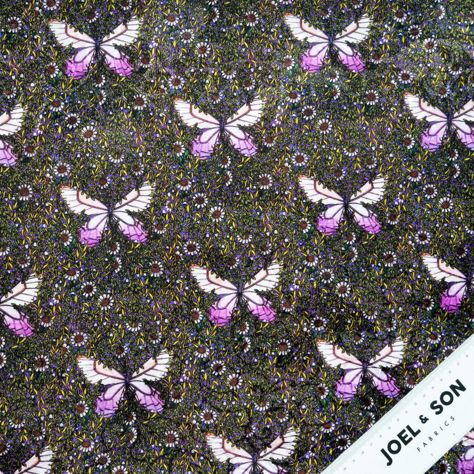 Pink Butterfly Printed Purple Silk Jacquard
