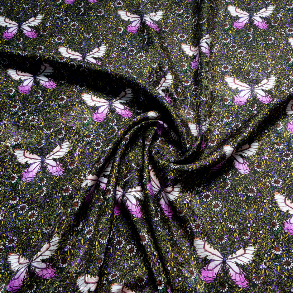Pink Butterfly Printed Purple Silk Jacquard