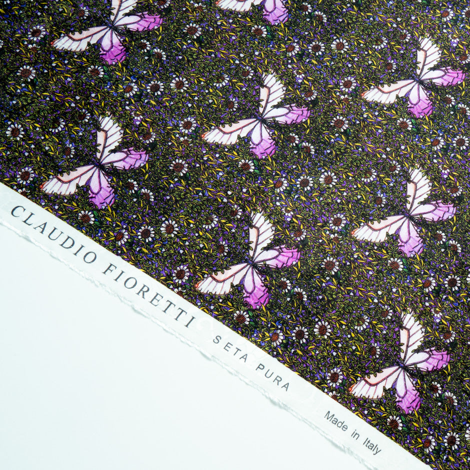 Pink Butterfly Printed Purple Silk Jacquard
