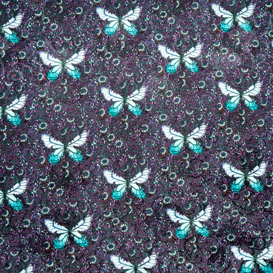 Turquoise Butterfly Printed Purple Silk Jacquard