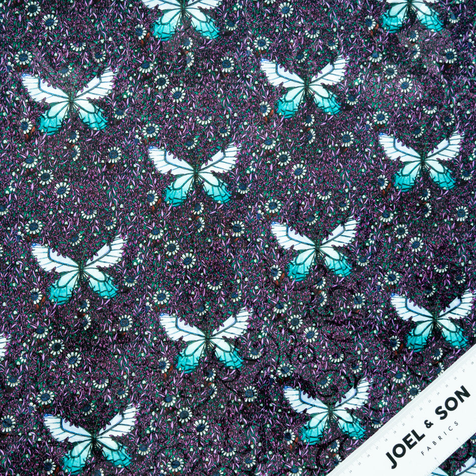 Turquoise Butterfly Printed Purple Silk Jacquard