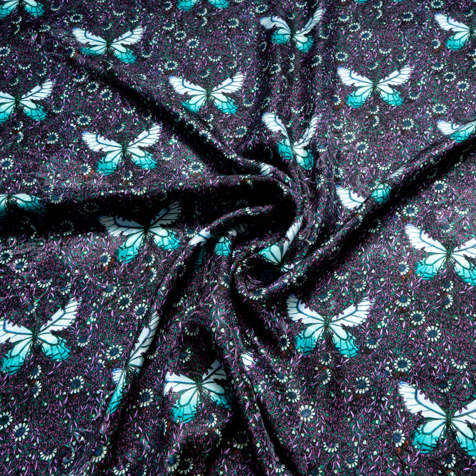 Turquoise Butterfly Printed Purple Silk Jacquard