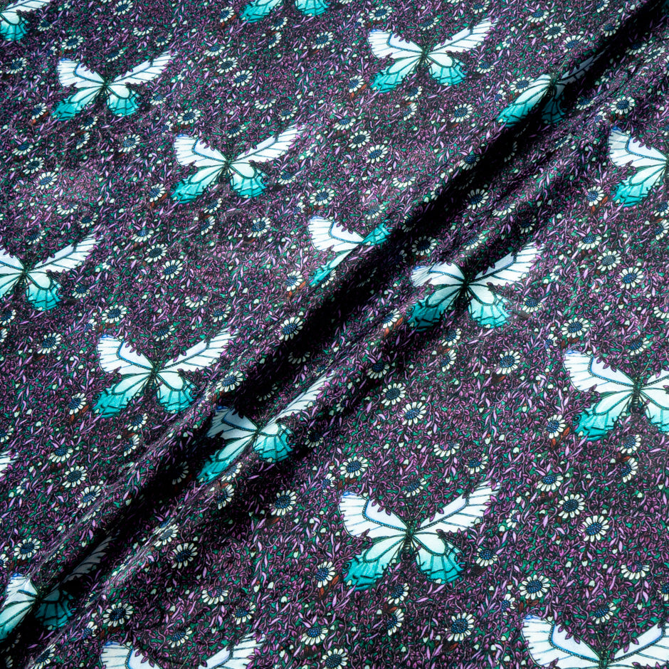 Turquoise Butterfly Printed Purple Silk Jacquard