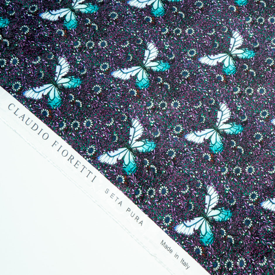 Turquoise Butterfly Printed Purple Silk Jacquard
