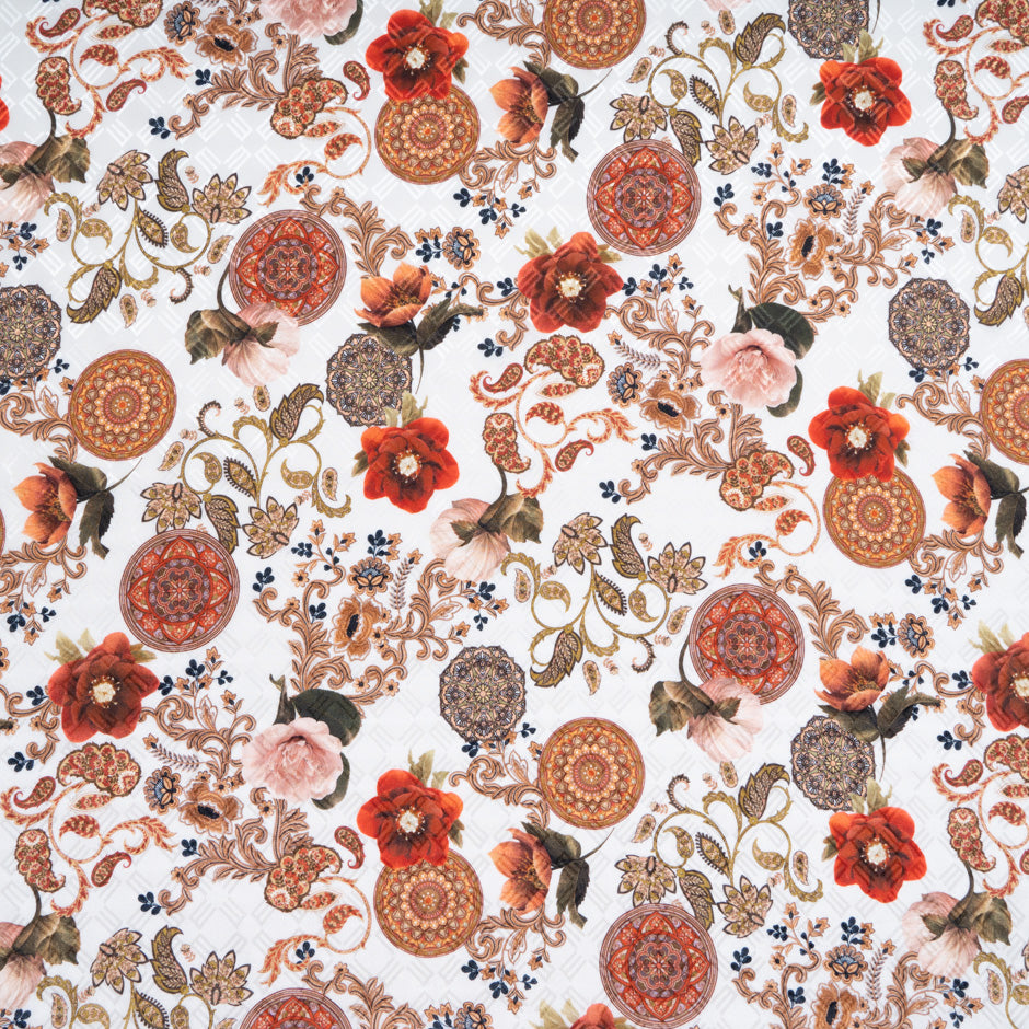 Dark Orange Floral Printed Silk Jacquard