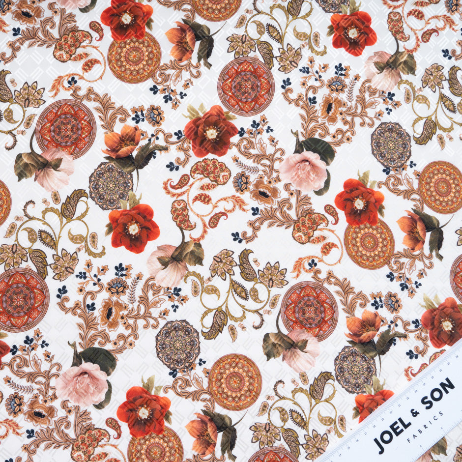 Dark Orange Floral Printed Silk Jacquard