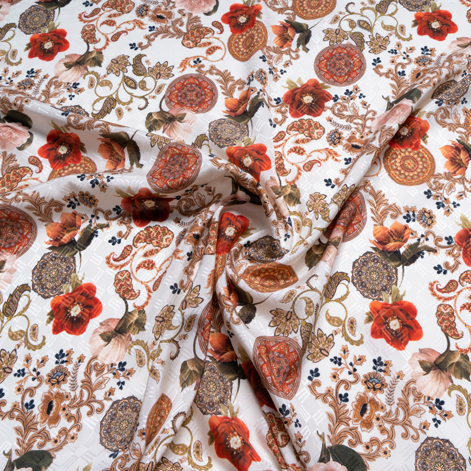 Dark Orange Floral Printed Silk Jacquard