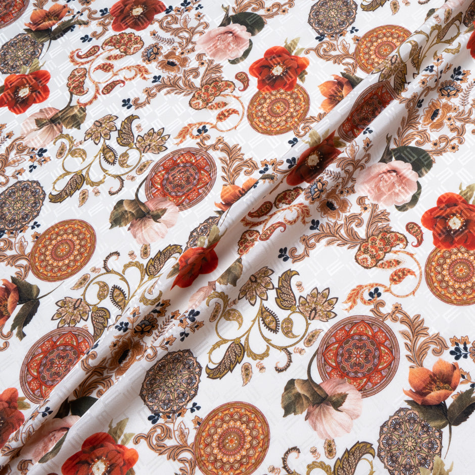 Dark Orange Floral Printed Silk Jacquard