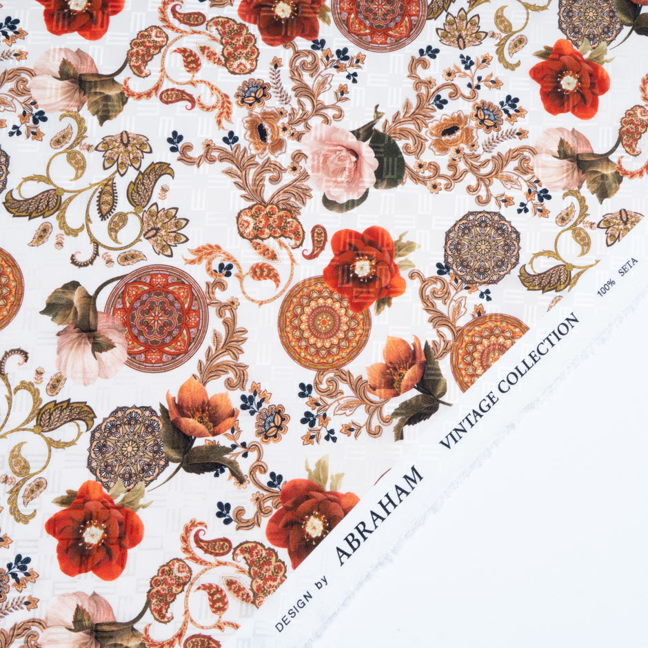 Dark Orange Floral Printed Silk Jacquard