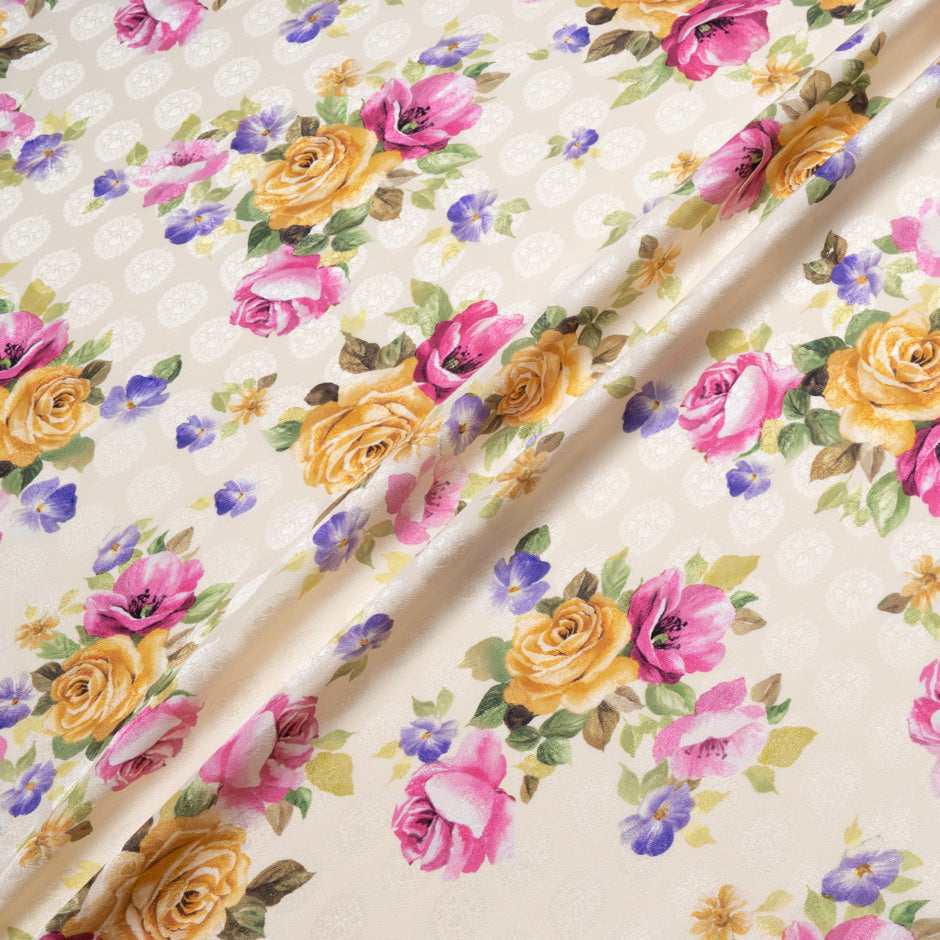 Floral Printed Cream Pure Silk Jacquard