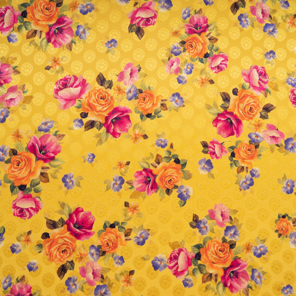 Floral Printed Mustard Yellow Pure Silk Jacquard
