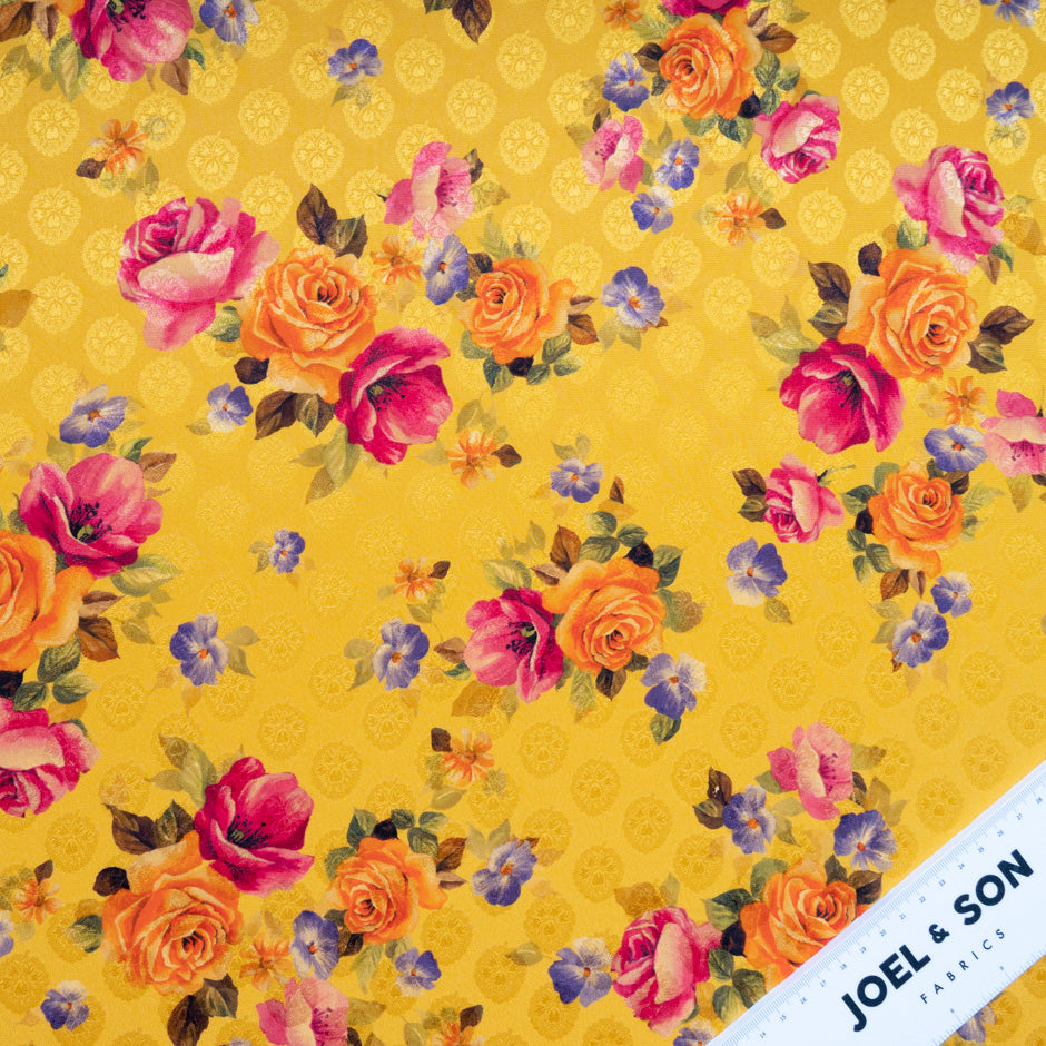 Floral Printed Mustard Yellow Pure Silk Jacquard