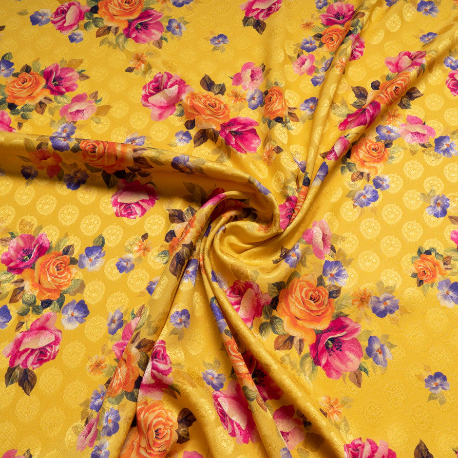 Floral Printed Mustard Yellow Pure Silk Jacquard