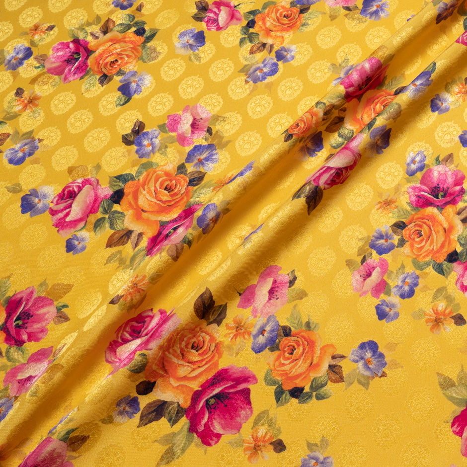 Floral Printed Mustard Yellow Pure Silk Jacquard