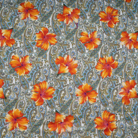 Orange Floral Paisley Printed Pure Linen