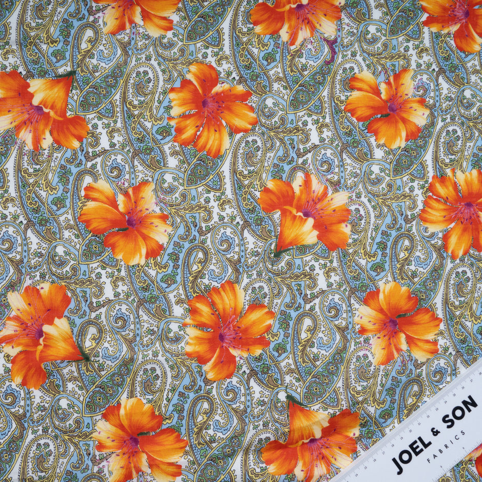 Orange Floral Paisley Printed Pure Linen